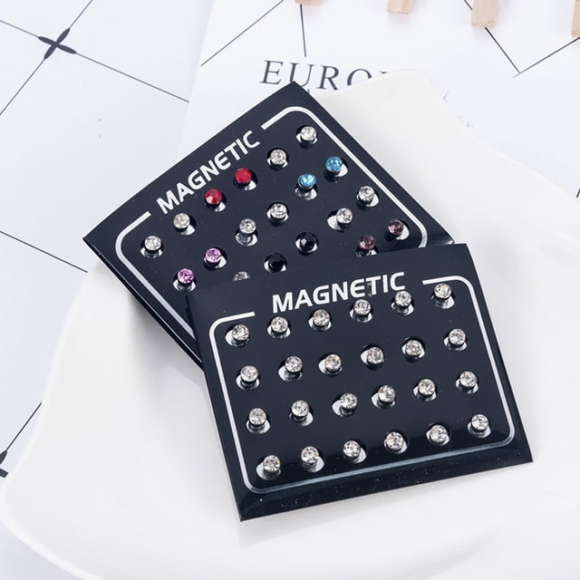 12Pairs/Set Unisex Rhinestone Inlaid Magnetic Stud Earrings Non Piercing Jewelry