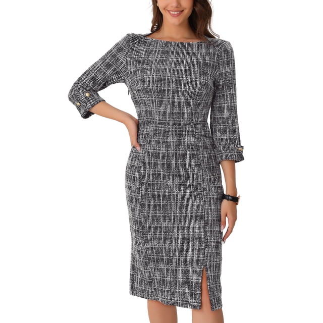 Vestido de mujer de tweed Inspire Chic, cuello barco, manga 3/4, largo hasta la rodilla, color negro