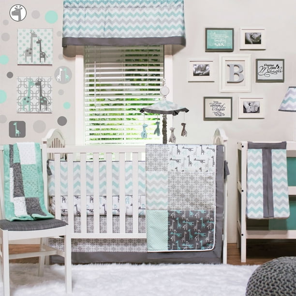The Peanut Shell Crib Bedding Set Grey And Aqua Uptown Giraffe