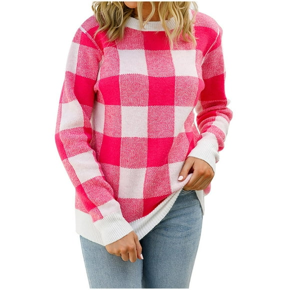 erdimoy Hauts d'Automne pour Femmes Chandail à Col Rond Mode Automne et Hiver Manches Longues à Carreaux Imprimé Confortable Hauts Amples Style Simple Cardigan Chandail