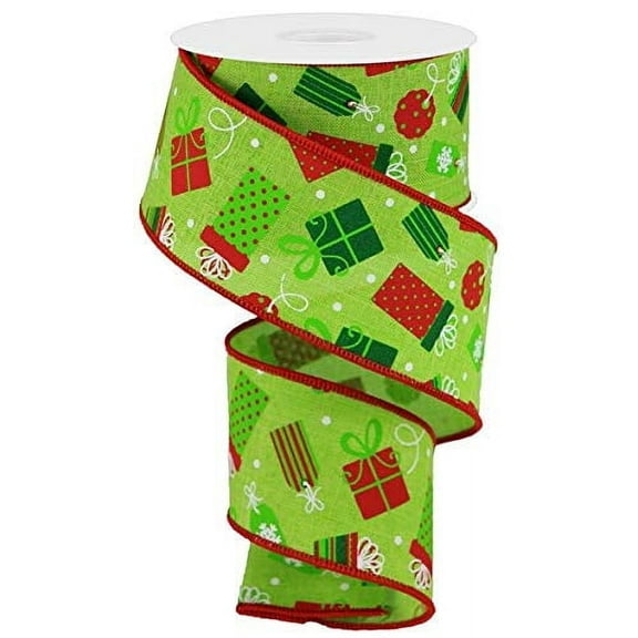 Christmas Presents Royal Canvas Wired Edge Ribbon - 10 Yards (White, Emerald, Red, Lime, 2.5")