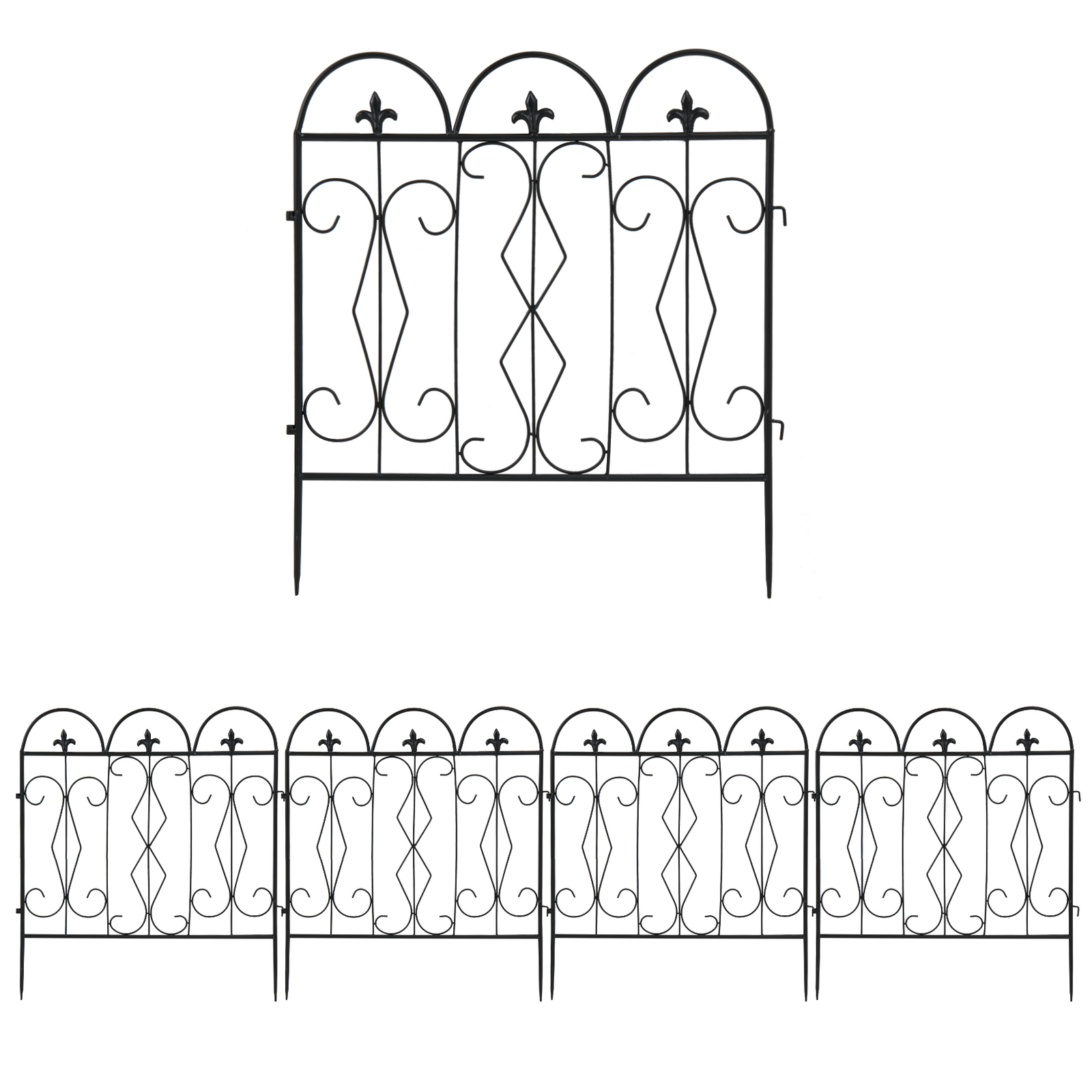 UNHO 5-Pack Decorative Metal Garden Fence Panels - Black Wrought Iron Look Border Fencing 24x25