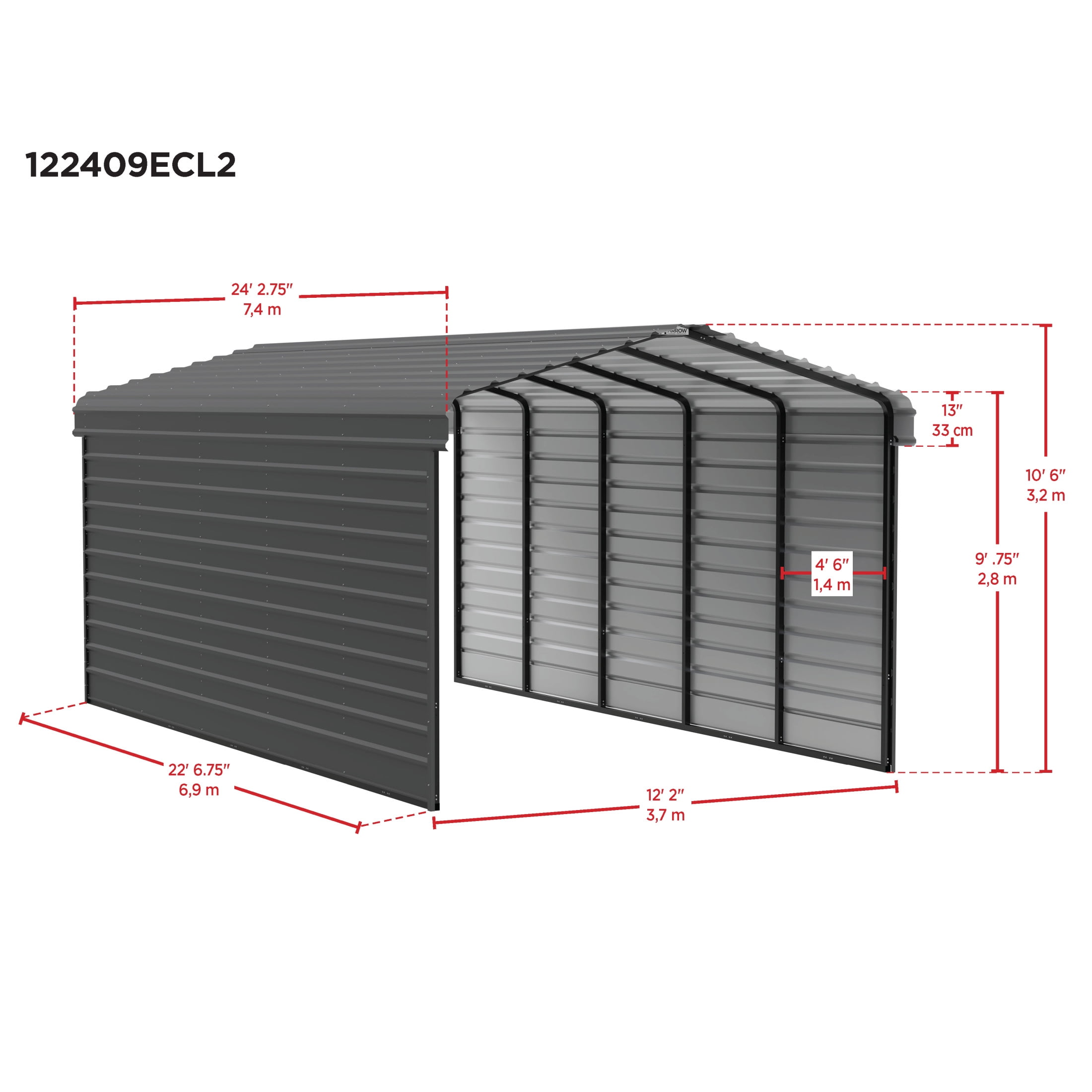 Arrow 24 x 12 x 9 ft Eggshell Steel Carport With 2 Side Wall Kit