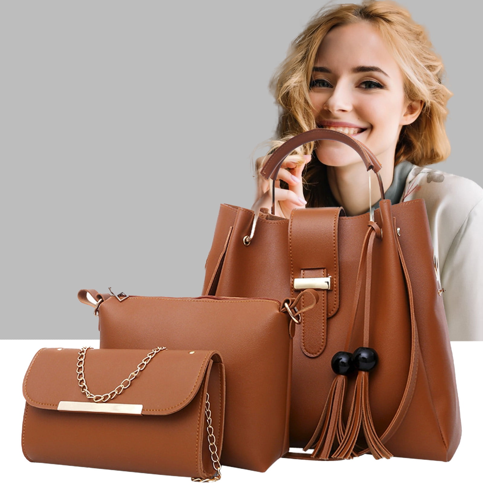 Quinlirra Set of 3 Purses for Women Tote Purse and Wallet Set Shoulder Satchel Bags, Women Handbag Wallet Tote Bag Shoulder Bag, Gifts for Women-Brown&Set of 3