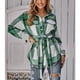 thumbnail image 3 of Chaqueta a cuadros para mujer con solapa, botonadura única, informal, holgada, con estampado de cuadros, chaqueta de manga larga con cinturón tonal, Verde L, 3 of 8