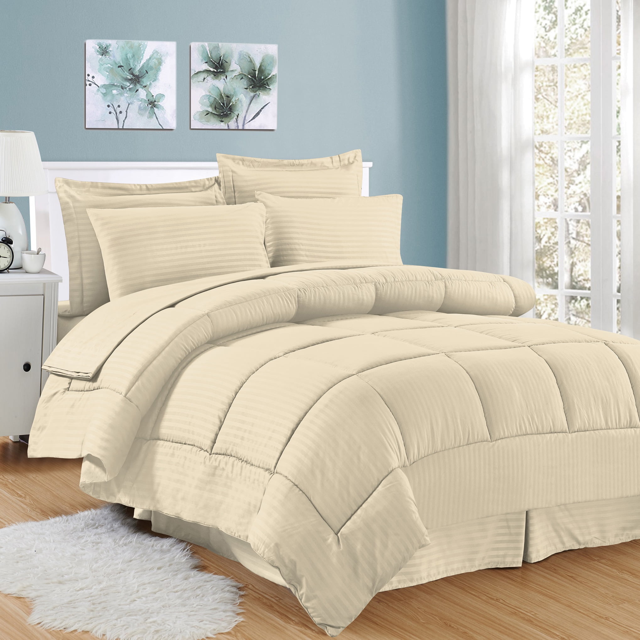 Soft Embossed Dobby Stripe 8PC Bed In Bag Comforter Sheet Set Sham Pillowcase 