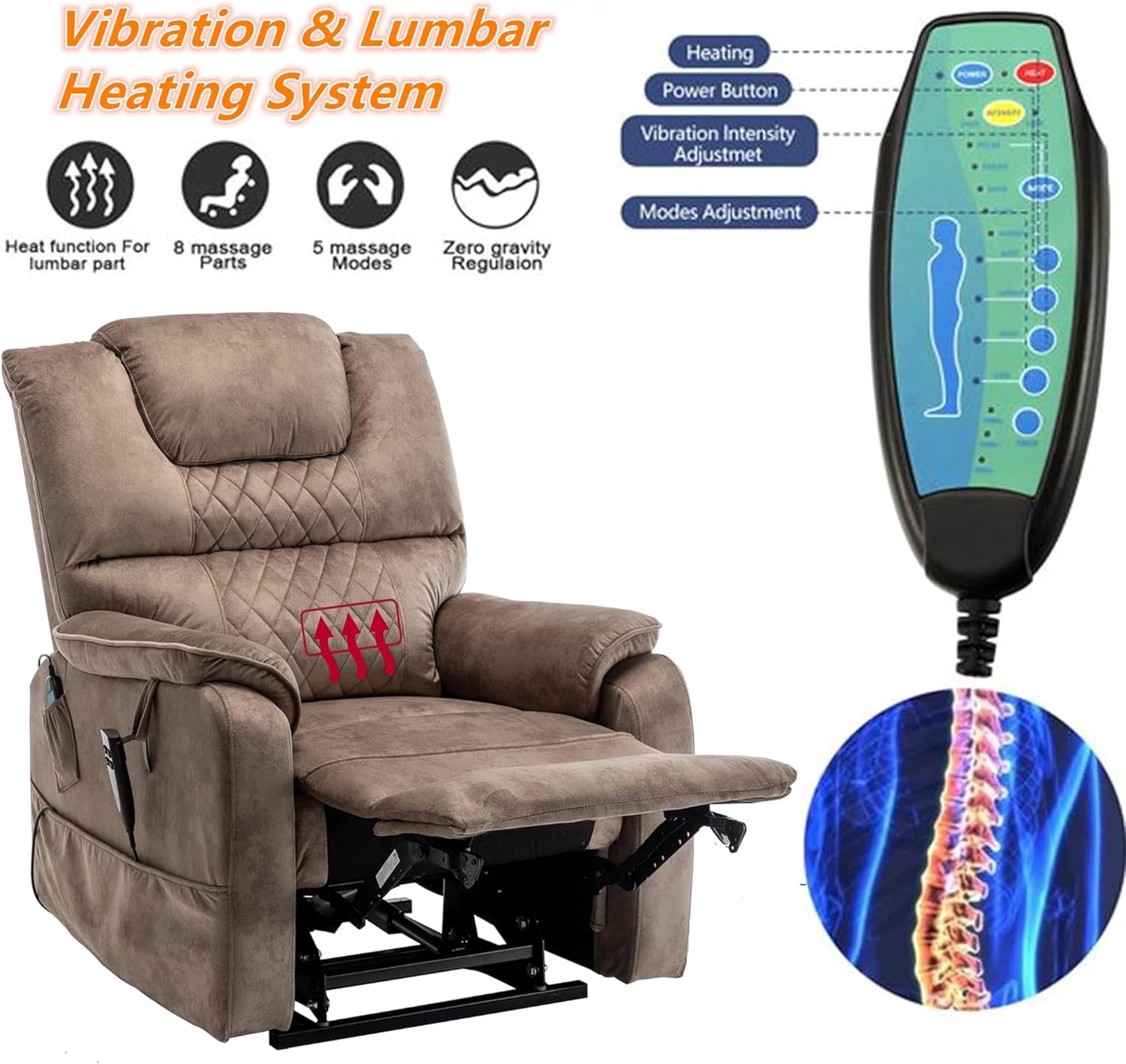 Dual Motor Power Recliner Chair Sofa, Lift Chair Lay Flat Recliners Chairs for Elderly Adults, Brown Velvet Recliners with Massage and Heat, Living Room Chair
