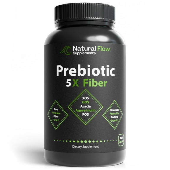 Natural Flow Supplements Prebiotic Fiber 5-in-1, XOS, GOS, FOS, Acacia and Agave, 120 Caps