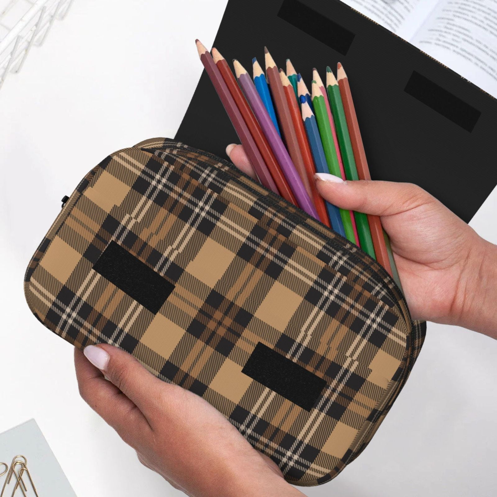 Rateoe khaki coffee plaid Pattern Double Clamshell Pen Case, Storage Organizer with Two Zipper Compartments– Holds Up to 50 Pencils & Pens