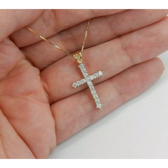 1.30Ct Round Cut Diamond Cross Pendant Necklace 14K Yellow Gold Over Free Chain