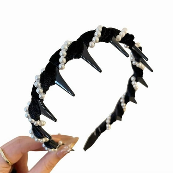 Pearl Hairband, Velvet Headband, Vintage High Cranium Artificial Pearl Hairband with Wave Bead Detail, Comfortable Secure Fit, Elegant Non-Slip Design for All Day Wear