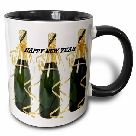 3dRose 3 Bottles Of Champagne With Happy New Year In Text - Two Tone Black Mug,