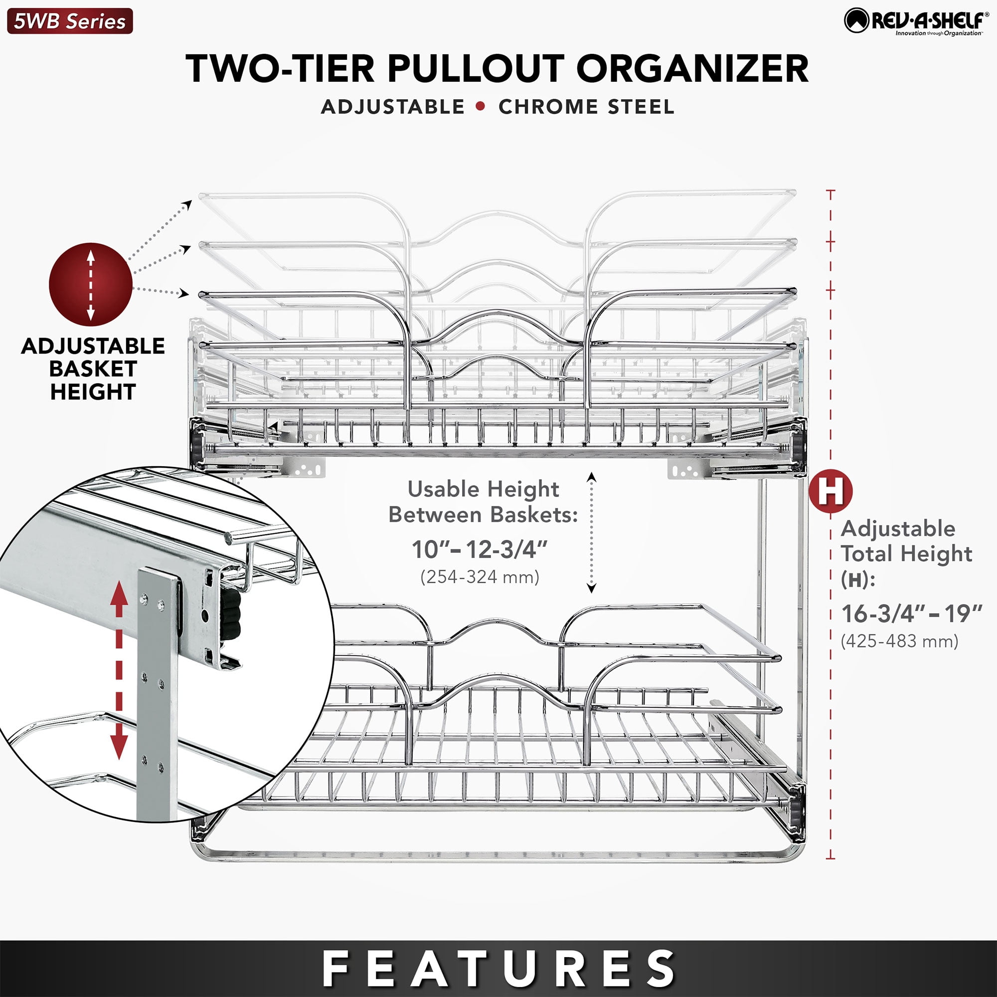 Rev-A-Shelf 5WB2-1822CR-1 18x22in 2-Tier Wire Pullout Cabinet Drawer Basket