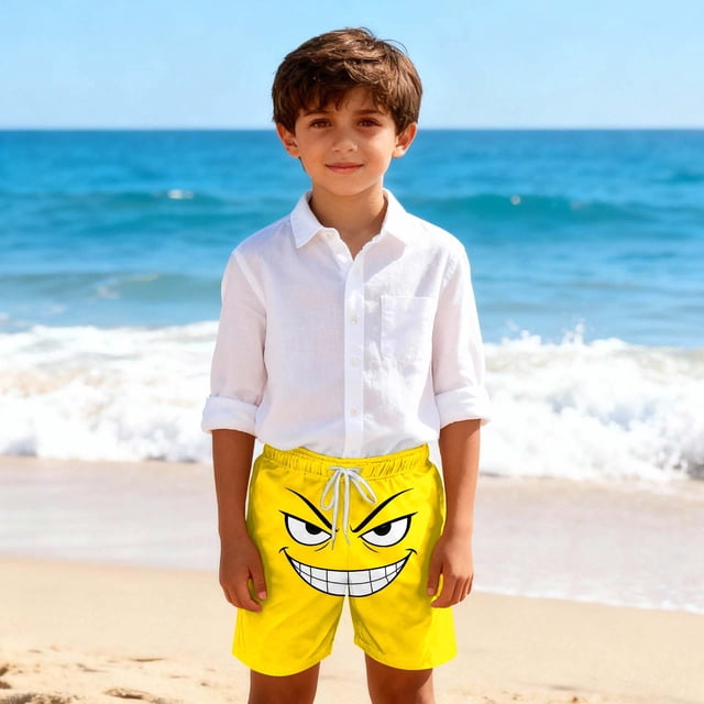 Pantalones cortos de playa para niños y niñas, de color liso, con estampado de expresión, transpirables y con bolsillos, para verano