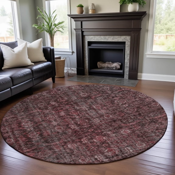 Addison Rugs Mayfield Premium Machine Washable Transitional Damask Pink Round Rug, 8' x 8'