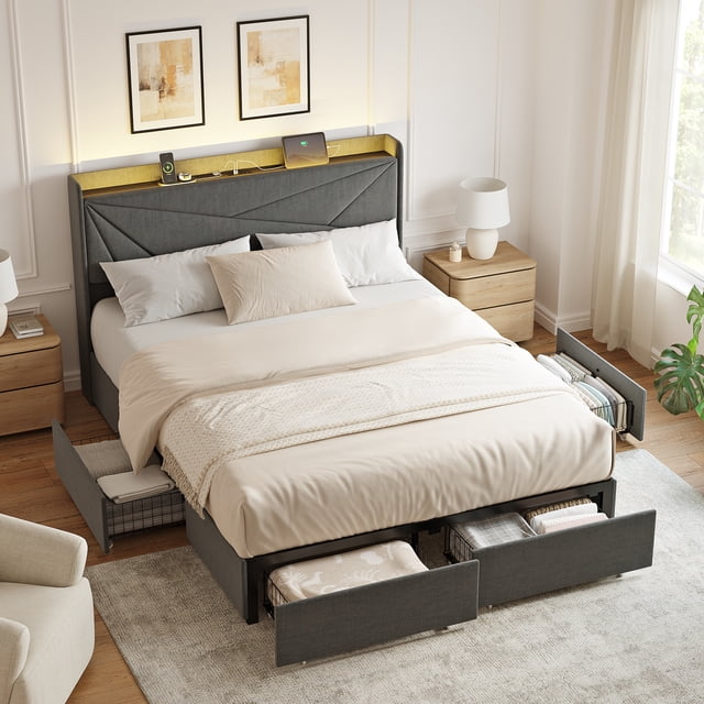 GUNAITO Queen Size Bed Frame with 4 Storage Drawers, Upholstered LED Bed with USB Ports, Modern Bed with Headboard Noise Free Platform Bed with Metal Frame, Dark Gray