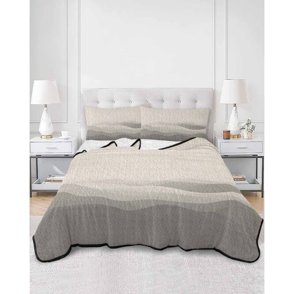 Quilts Twin Size, Grey Beige Ombre Soft Comforter Bedding Set for Bed, Minimalist Ocean Waves Linen Lightweight Quilted Bedspread with Pillow Cover(2 Pieces) for All Season, 68x86 Inch