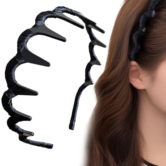 Ljudmp High Cranium Headbands for Women Non Slip Zig Zag Headband with Teeth Retro Plastic Satin Braided Comb Hairband Headwrap Black