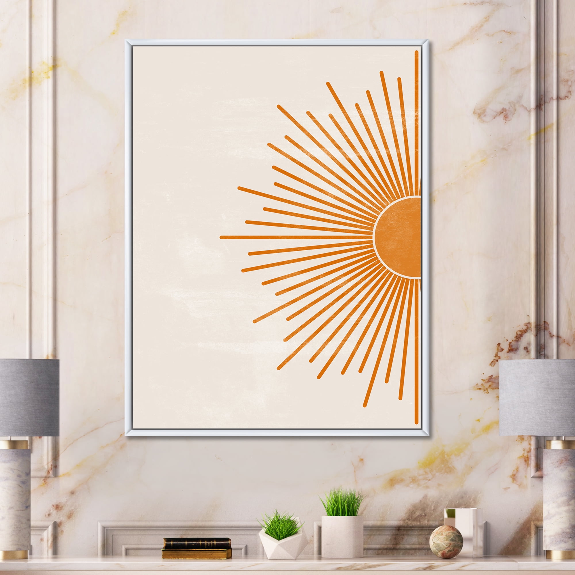 Designart 'Orange Sun Print On Beige I' Modern Framed Canvas Wall Art Print