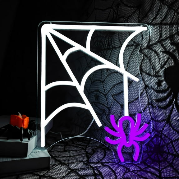 Spider Web Halloween Neon Sign for Wall Art Decor LED Light Signs for Bedroom Living Room Home Wall Light Up Sign Kid Gifts