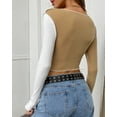 thumbnail image 4 of Women Sexy Round Neck Ribbed Colored Stretchy Cropped Shirt Long Sleeve Color Block Crop Cotton Tee Top(KH-L), 4 of 6
