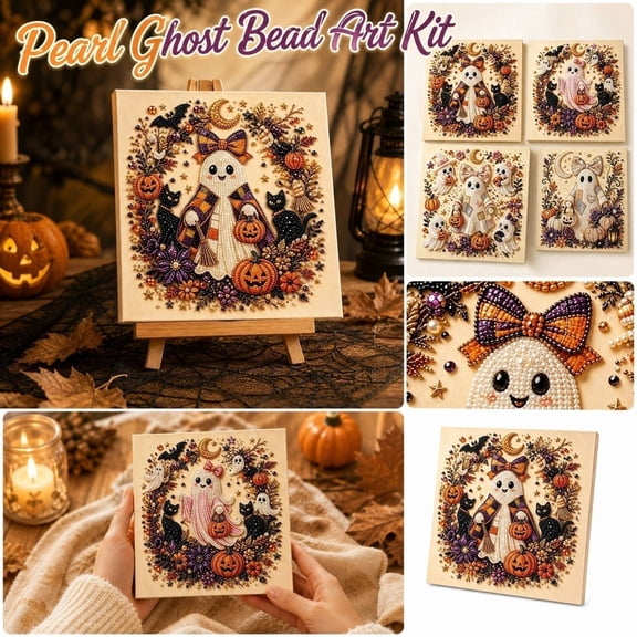 Halloween Pearl Diamond Art Kits for Adults, Ghost Diamond Painting Craft Kit with Crystal Pearl Beads, Cute Ghost Diamond Art for Adults, Halloween Home Wall Decor, Fall DIY Gift(Style-F)