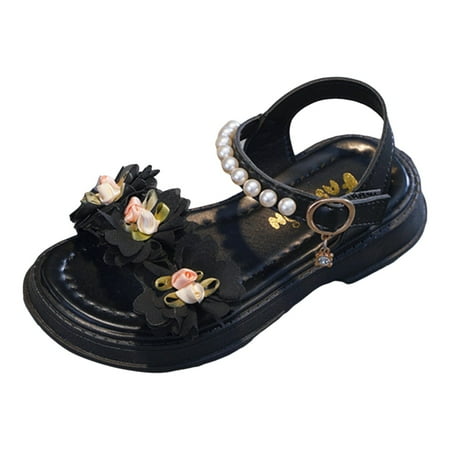 

Celiean Children Shoes Soft Sole Open Toe Sandals Fashion Pearl Flower Sandals Black 9-10Y
