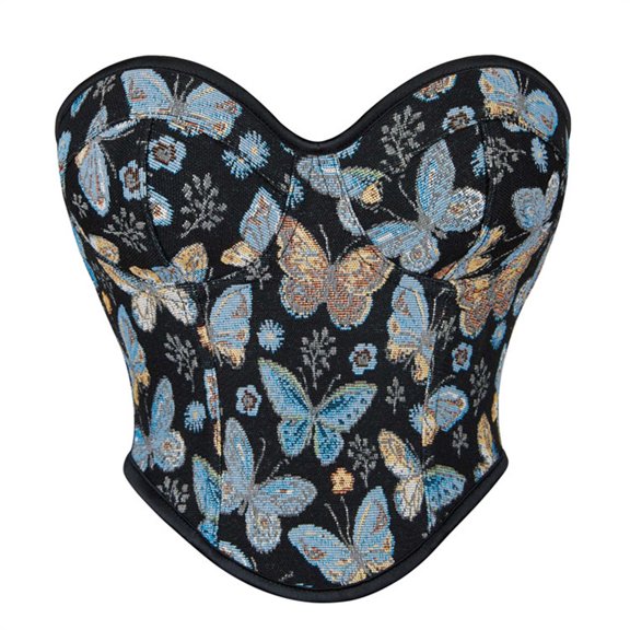 Luxalzxs Vintage Renaissance Corset Top for Women Butterfly Floral Pattern Bustier Lace-Up Boned Overbust Lingerie Bodyshaper Crop Top