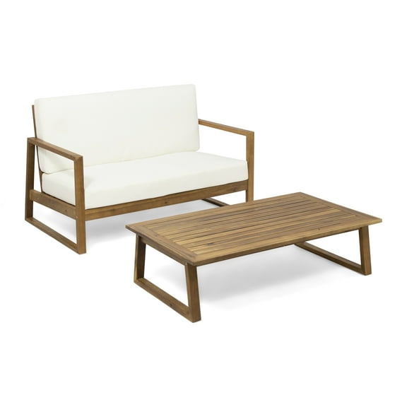 GDF Studio Marlee Outdoor Acacia Wood Chat Set with Coffee Table, Teak Finish and Beige