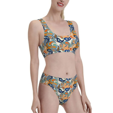 Uemuo Fashionable Paisley Printed Women s High Waisted Bikini Sets Sporty Two Piece Swimsuits Color Block Cheeky High Cut Bathing Suits-XX-Large
