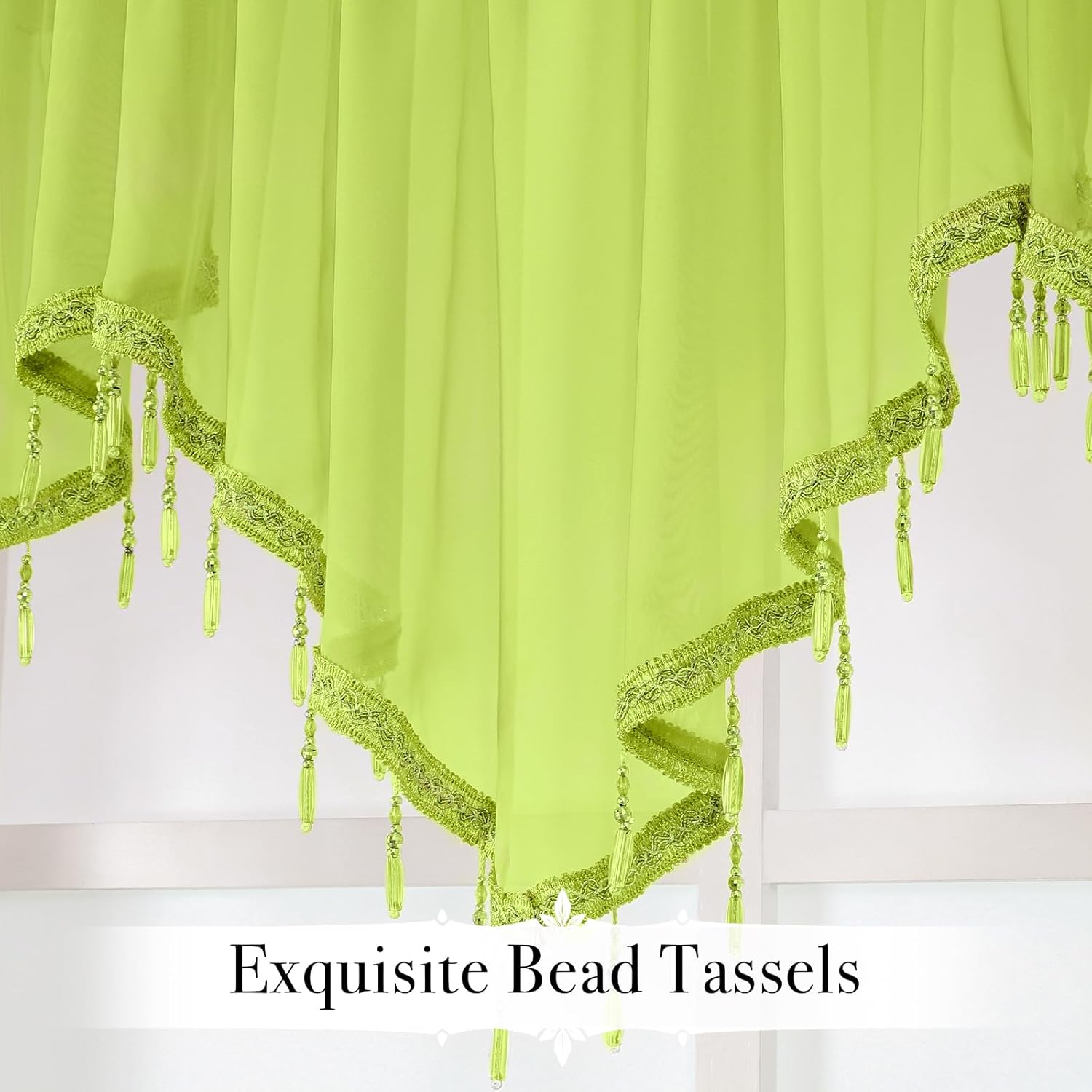 Kiibsot 3-Pack Halloween Beaded Sheer Valance Curtains for Windows, Triangle Sheer Voile Kitchen Swag Curtain Valances Boho Bead Tassels Window Valances for Bedroom Living Room, Each 51 x 24 Inch