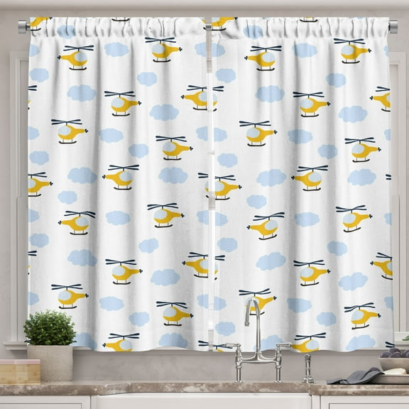 Kids Curtains 2 Panels Set, Cute Aircraft in Clouds Children Boys Girls Babyshower Playroom Cartoon Design, Window Drapes for Living Room Bedroom, 55W X 39L Inches, Blue and Yellow, by Ambesonne