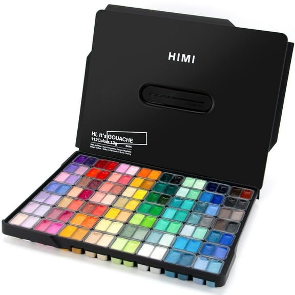 HIMI Gouache Paint Set, 112 Colors x 12g Twin Jelly Cup Design in a Carrying Case, Non-Toxic Gouache Paint for Canvas and Paper, Perfect for Artists, Student, Gouache Opaque Painting(Black)