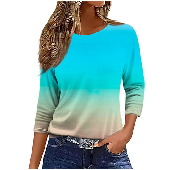 Womens 3/4 Sleeve Shirts, Summer Tops for Women Plus Size Fashion Ombre Tie Dye Crewneck T-Shirts Dressy Blouses S-5XL
