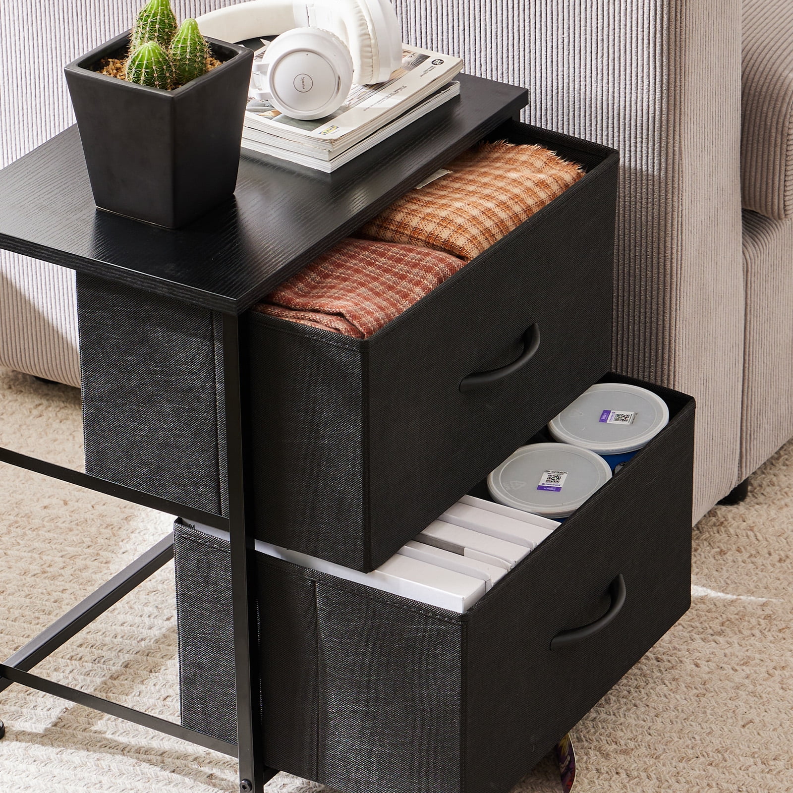 LIFERECORD Set of 2 Nightstands with Storage Drawers | 20" Tall Bedside Table with Wood Top & Fabric Cabinet for Bedroom, Dorm, Living Room, Black