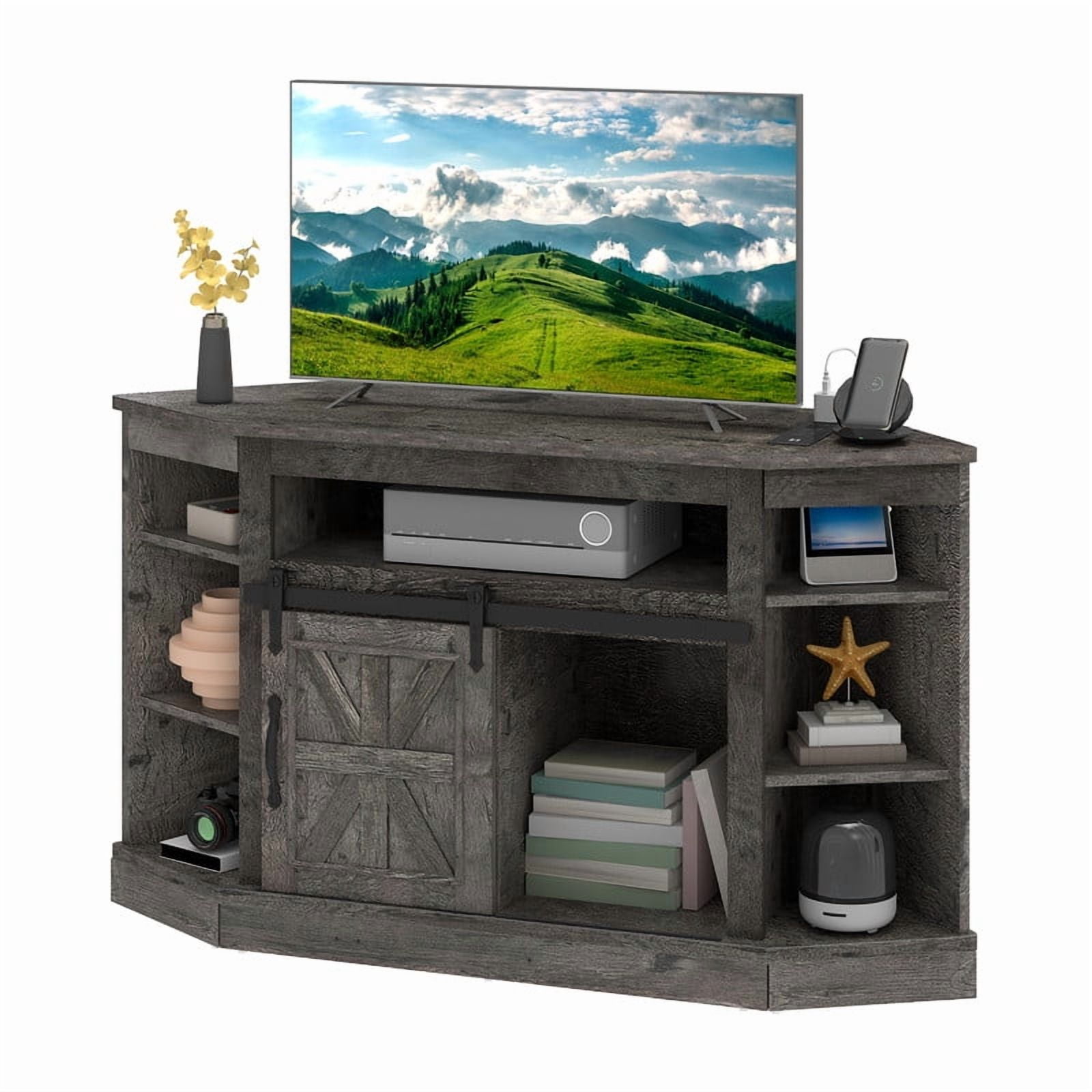 Uforic Farmhouse Corner TV Stand for 50" TV, Entertainment Center with Sliding Barn Door, Dark Gray