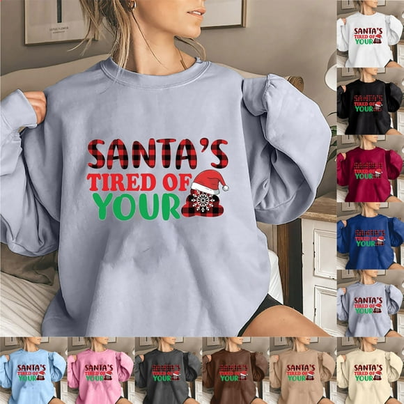 EQWLJWE Sweatshirts de Noël for Femmes 2023 Père Noël Fatigué for Votre Drôle de Plaid de Noël Graphic Crew Neck à Manches Longues Sweatshirts de Noël for Femmes Mignon