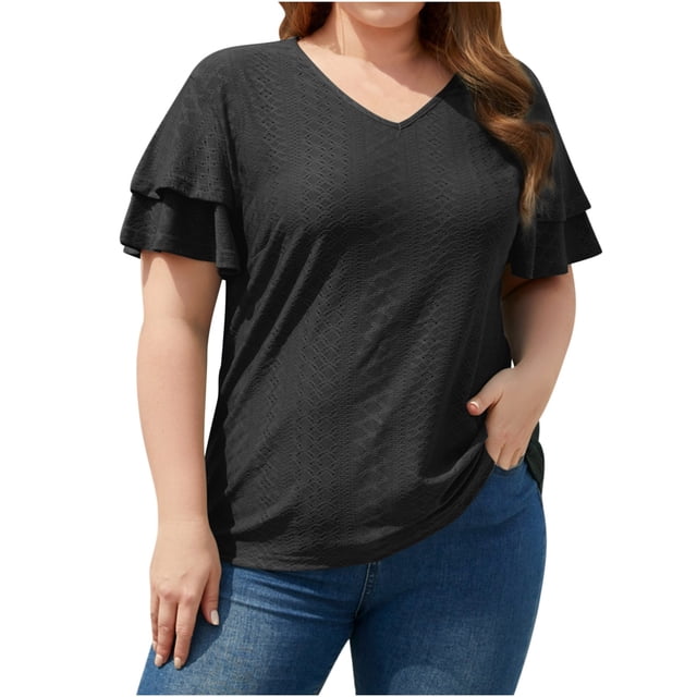 Timegard Eyelet Tops for Women Plus Size V Neck Ruffle Short Sleeve Tee Tops Casual Loose Comfy Summer