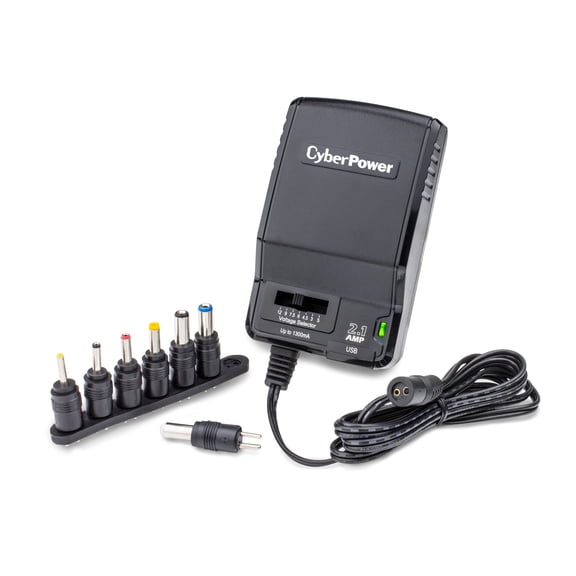 CyberPower CPUAC1U1300 - Universal Power Adapter, 1300mA, USB & Round-Pin Connectors, 7 Tips, Folding Plug