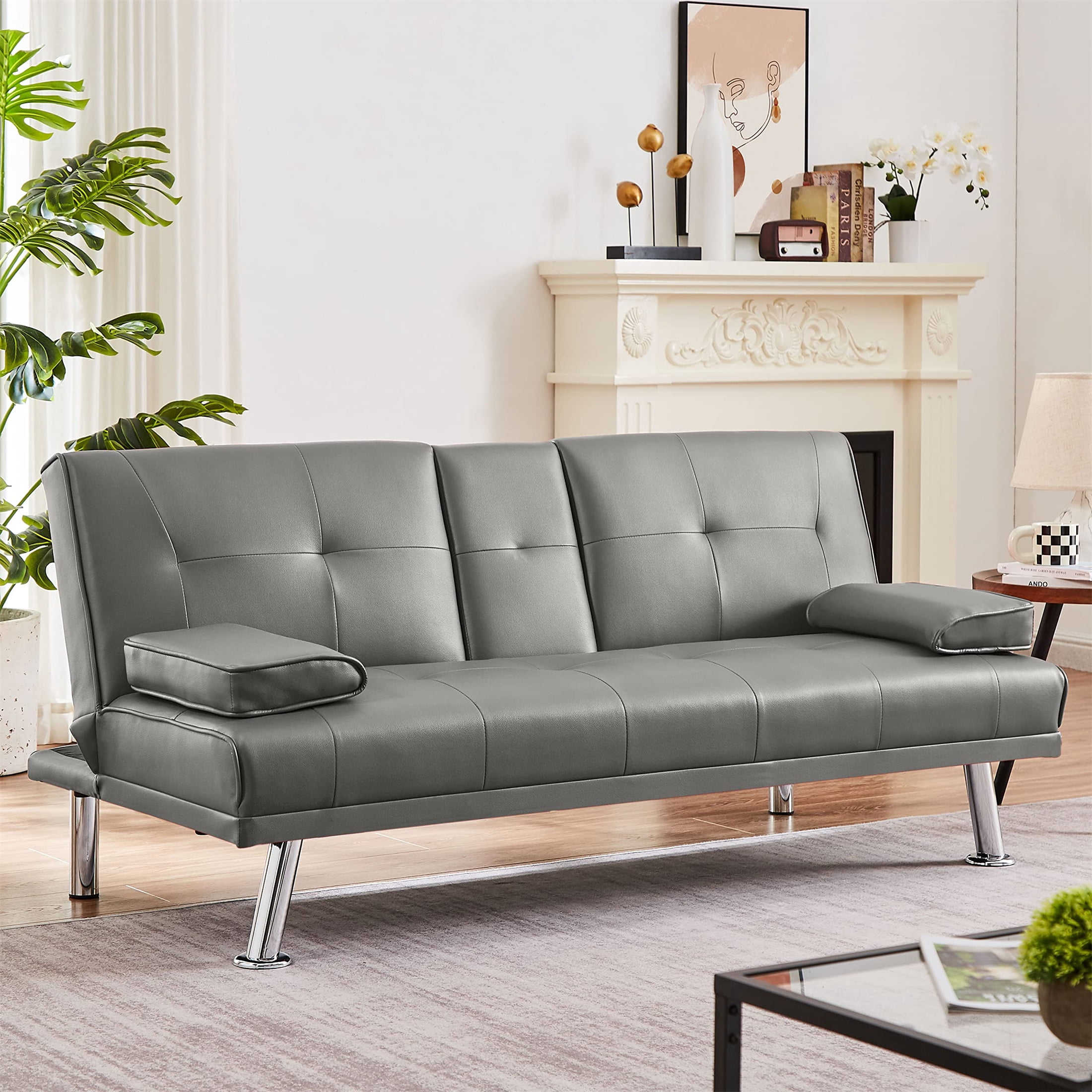 Aukfa Leather Futon Convertible Sofa Bed, 2 Cup Holders Twin Size, Gray