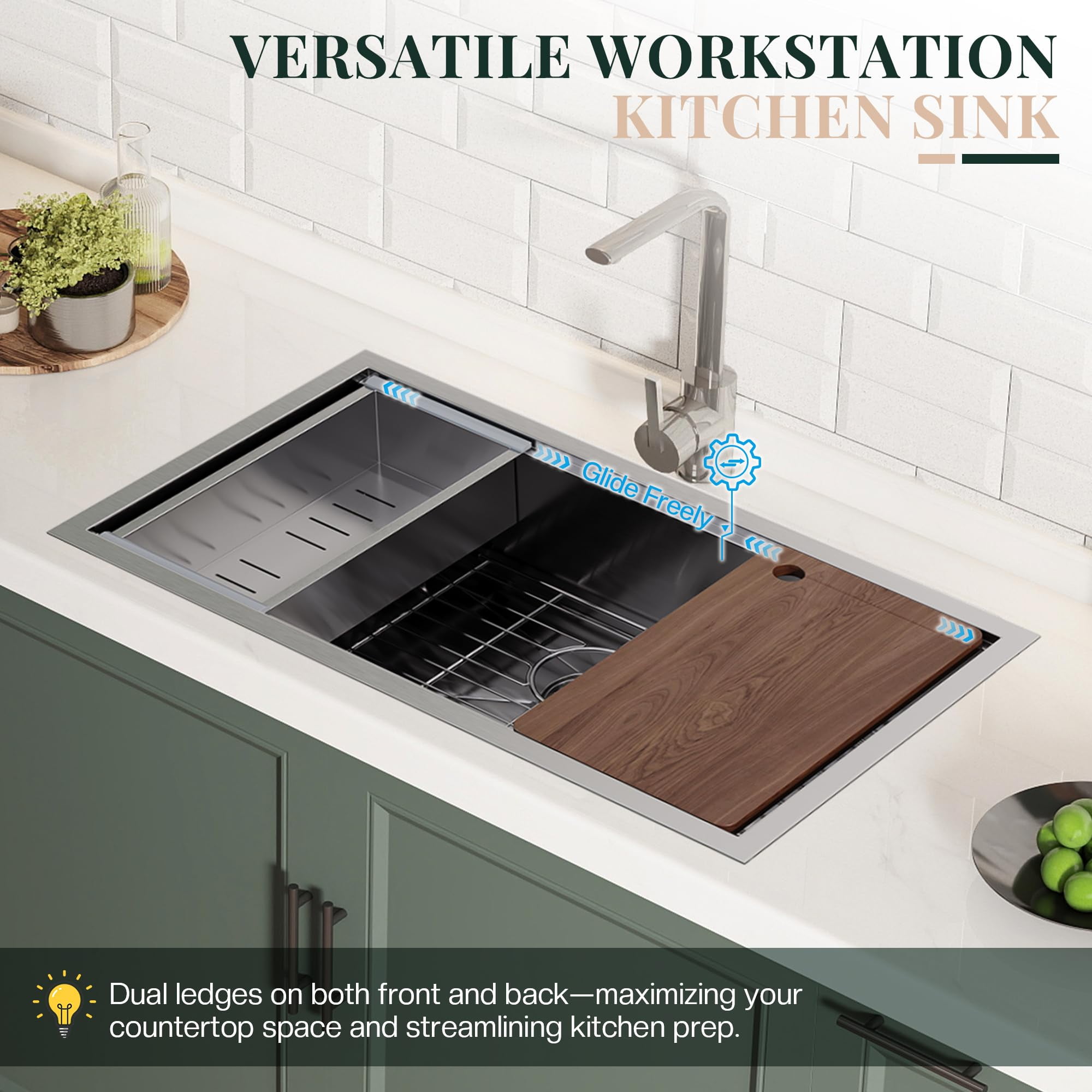 Jocisland 31.5" Undermount Kitchen Sink Workstation, 16 Gauge 304 Stainless Steel Single Bowl Sink with Cutting Board, Drying Rack and Drain Assembly