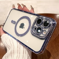 Dteck MagSafe Compatible iPhone 13 Glitter Plating Case with Diamond Camera Lens Protector, Cute Luxury Bling Rhinestones Soft Clear Transparent TPU Magnetic Case for iPhone 13,Blue