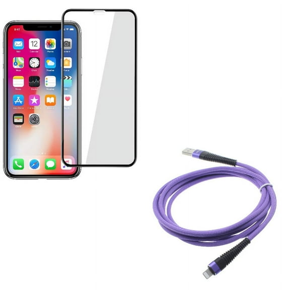 iPhone XS/X - Tempered Glass Screen Protector w Purple 10ft USB Cable - 5D Touch Curved Edge Full Cover Bubble Free Case Friendly 9H Hardness, Charger Cord Power Wire Braided Long Sync
