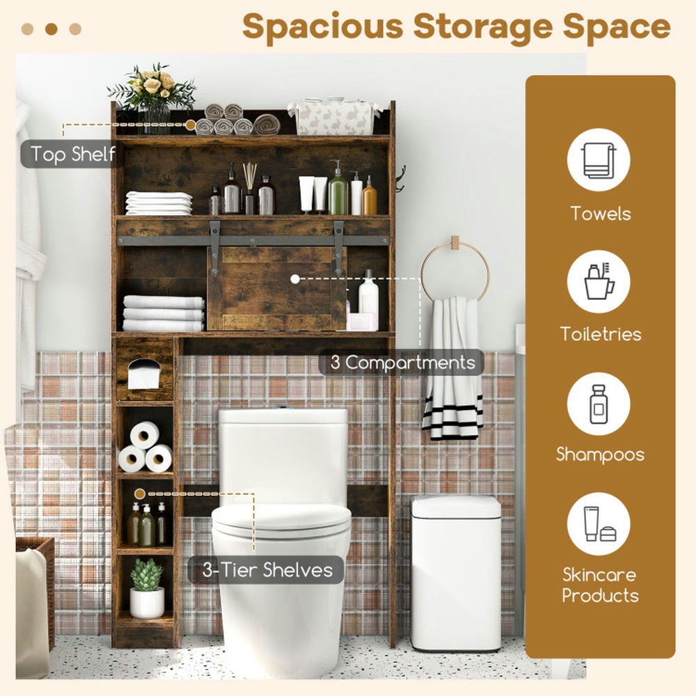 Finihen Toilet Storage Cabinet, Bathroom Cabinet Organizer, Over The Toilet Storage Cabinet with Sliding Barn Door and Adjustable Shelves, for Bathroom, Rustic Brown