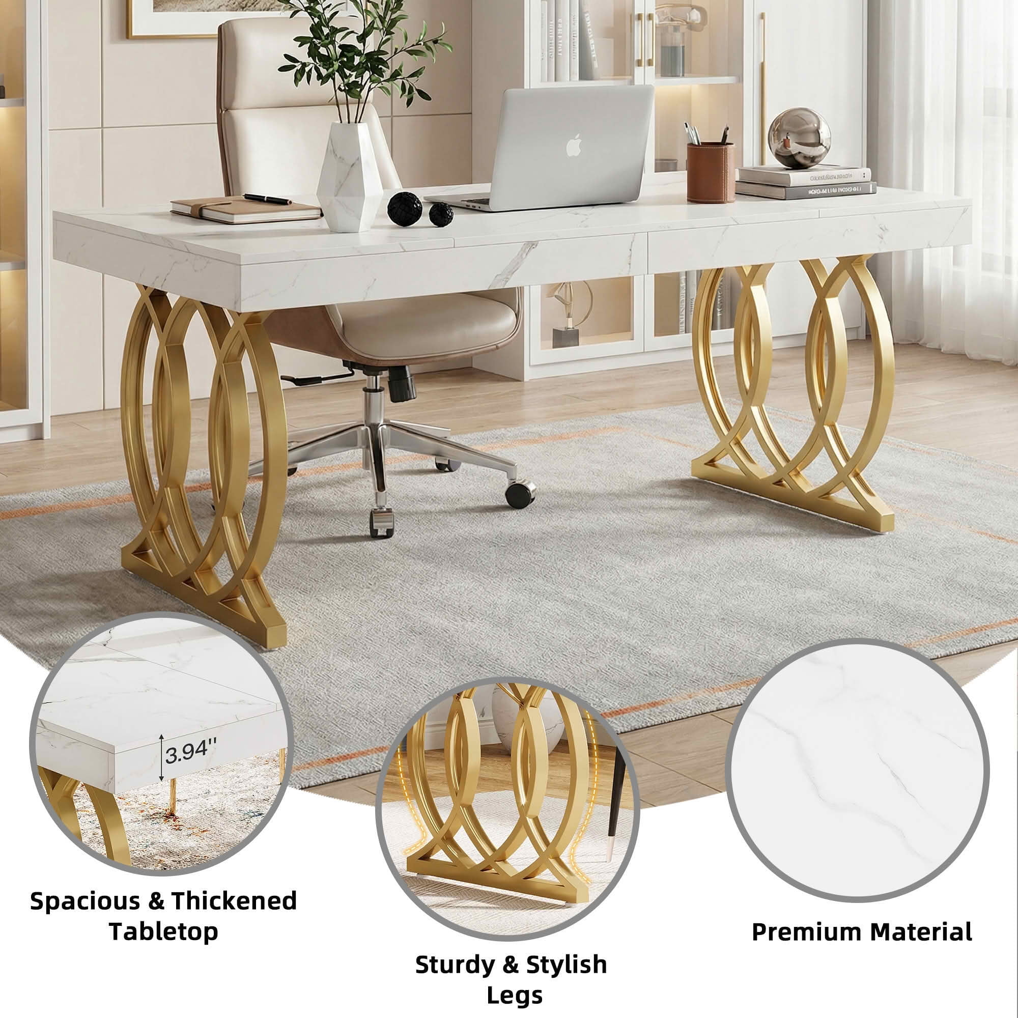 MAYEERTY 63 Inch Modern Rectangular Dining Table, White Faux Marble Kitchen Dinner Table with Gold Geometric Metal Legs for 4 to 6 People