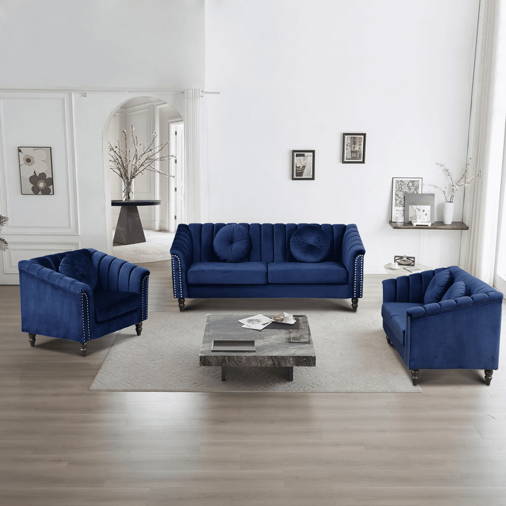 Aukfa 3 Pieces Sectional Sofa Couch Set for Living Room, 3 Seat Sofa, Loveseat and Accent Chair,Blue