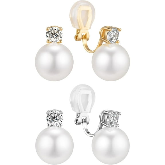 2 Pair White Pearl Clip On Earrings for Women, 14K Gold Plated Clip On Pearl Earrings, Non Pierced Wedding Earrings Hypoallergenic Trendy Jewelry
