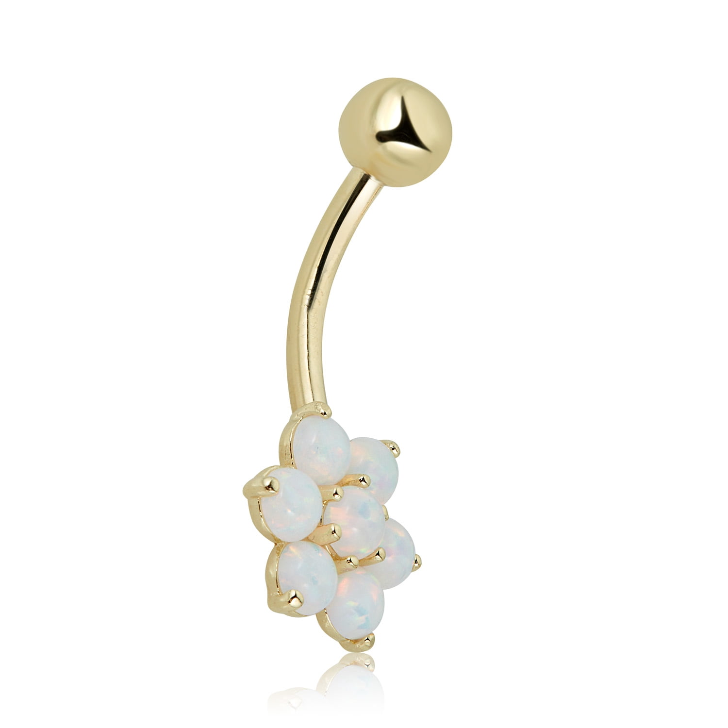 AVORA 10K Yellow Gold Simulated Opal Flower Belly Button Ring Body Jewelry (14 Gauge)