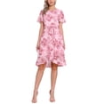 thumbnail image 2 of Vestido midi floral de mujer con volantes y dobladillo asimétrico de verano, de manga corta y cuello redondo, color rosa, 2 of 5