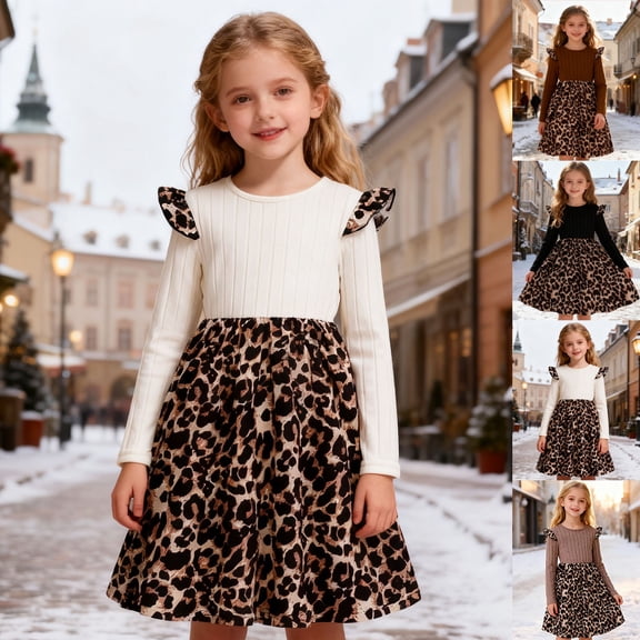RTKFRFLM Girls Leopard Print Dress Casual Long Sleeve Crewneck A-Line Gown Black 7-8 Years
